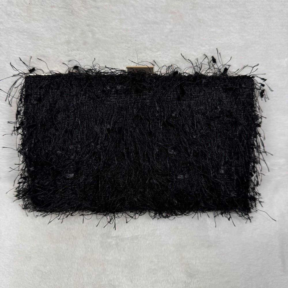 Urban Expressions Black Fringed Eyelash Clutch Gold Chain Crossbody Bag NEW